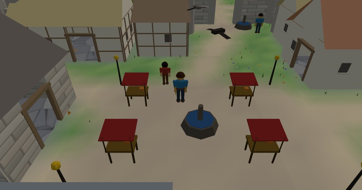 Players in Millhaven’s market square, where every new character starts